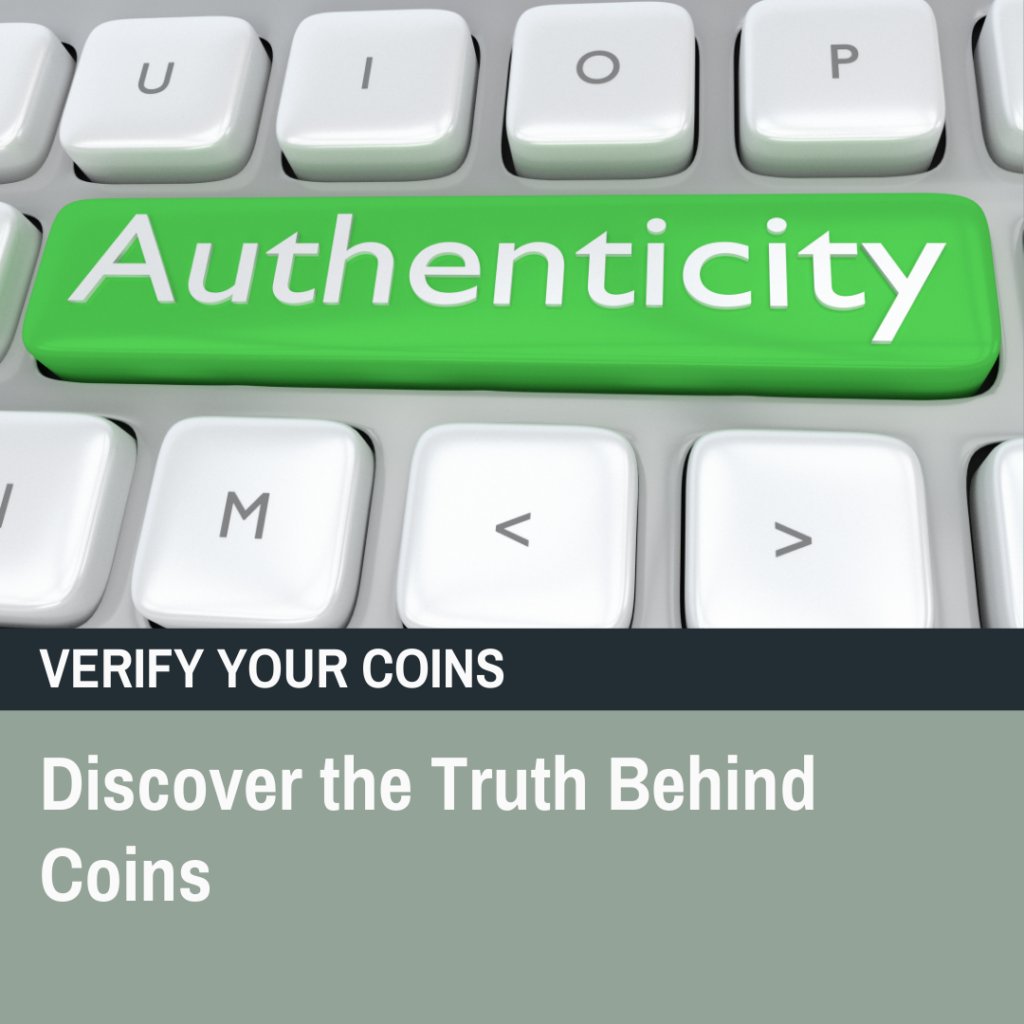 Green authenticity button on a keyboard symbolizing the importance of verifying the authenticity of coins before purchase.