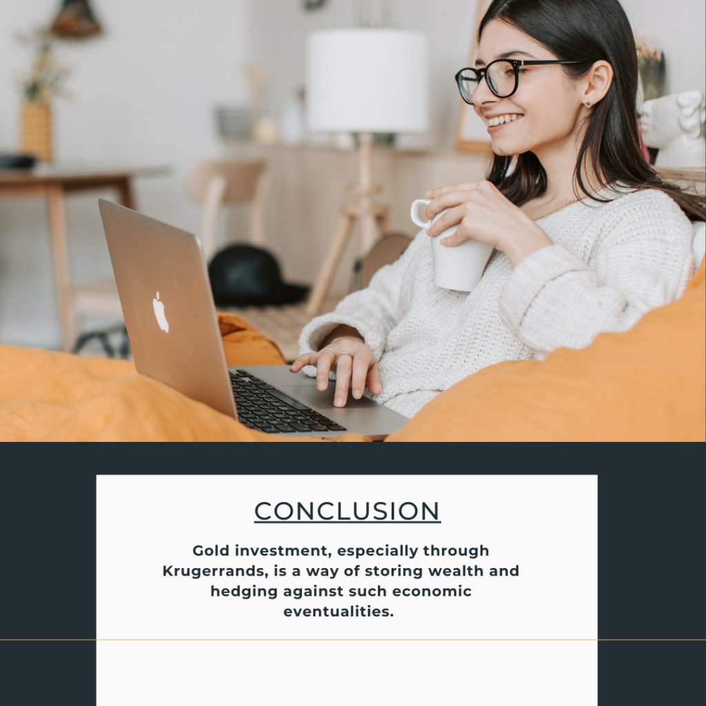 Woman researching gold investment options on a laptop, emphasizing the benefits of buying Krugerrands online as a secure wealth storage option.