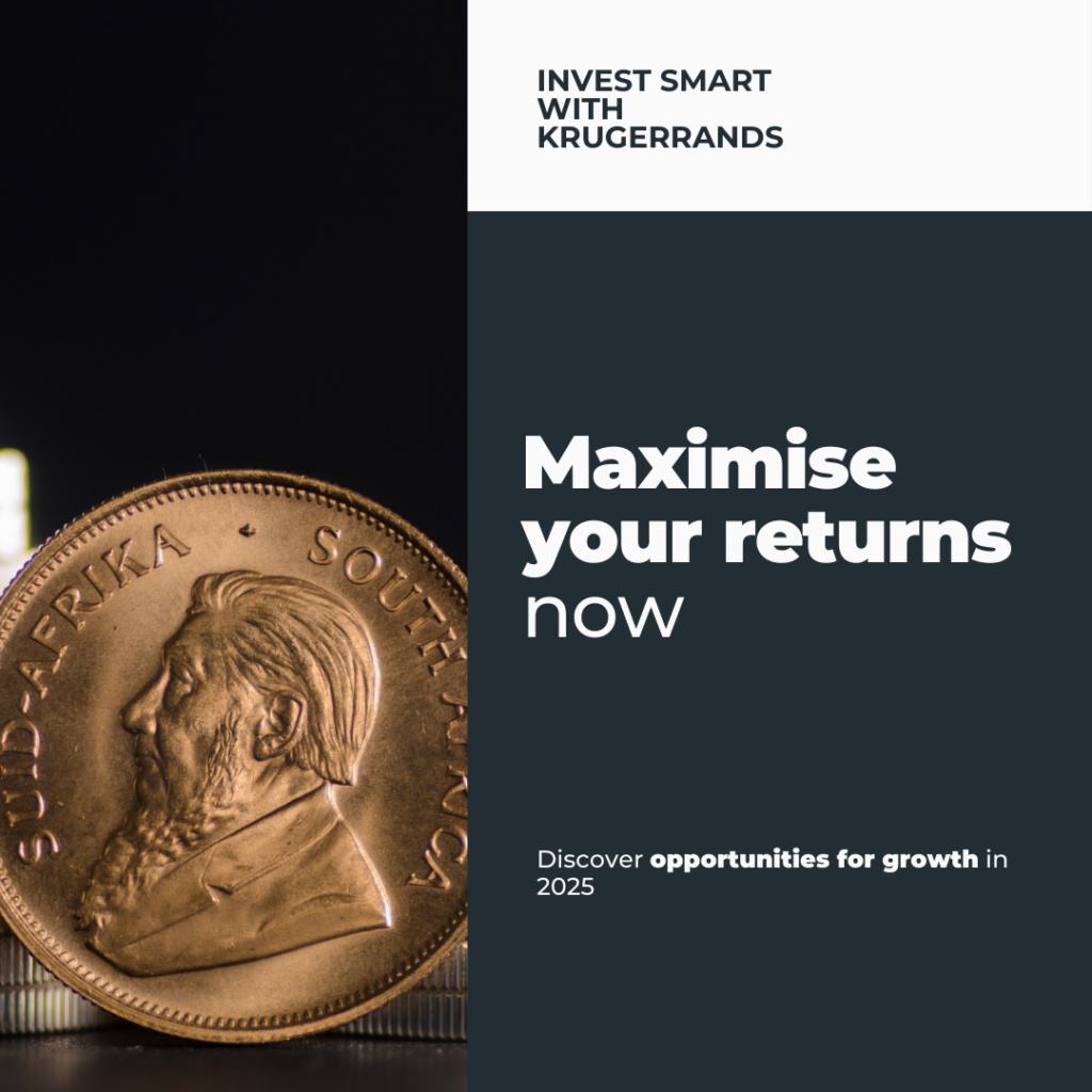 Krugerrand gold coin with the text 'Maximise your returns now,' highlighting growth opportunities in 2025.