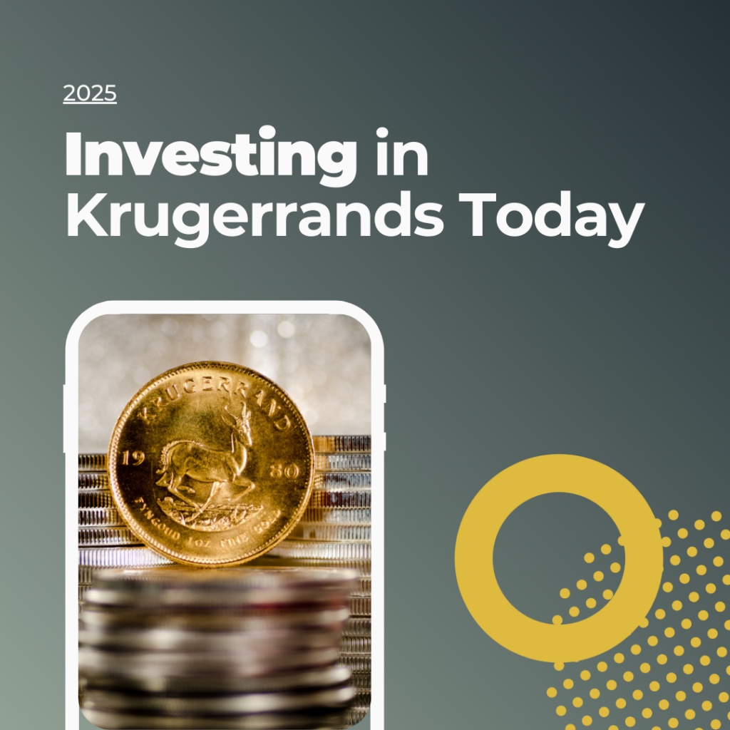 2025 graphic showcasing the investment potential of Krugerrands, featuring a Krugerrand gold coin displayed against stacked coins, highlighting Kruger coin price trends and opportunities for investors today.