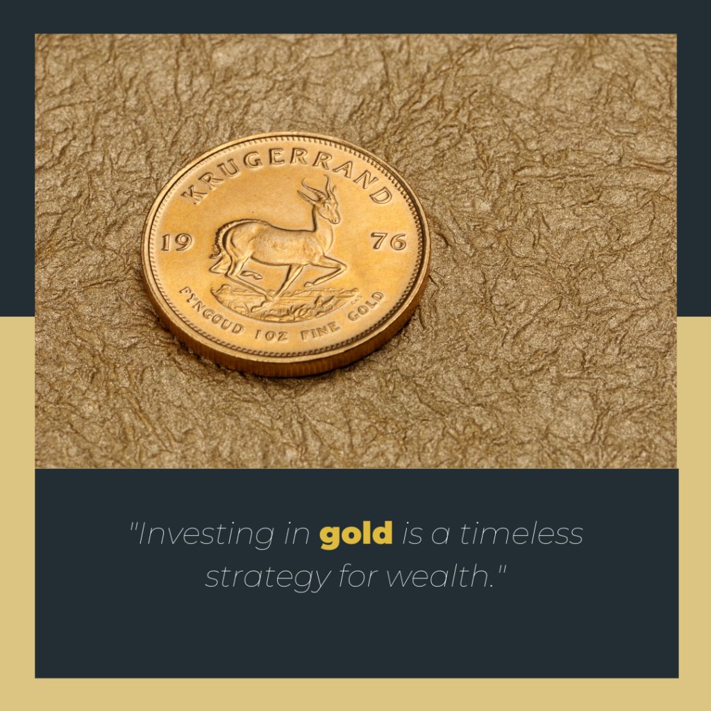 Krugerrand gold coin on a textured golden background, symbolizing the timeless strategy of investing in gold for wealth.