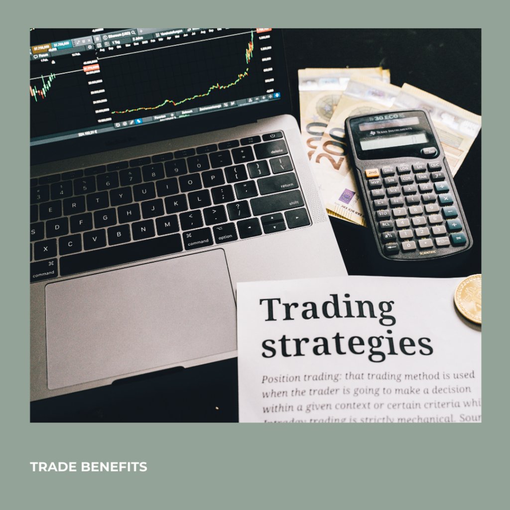 A laptop displaying trading charts, a calculator, currency notes, and a Krugerrand gold coin alongside a document titled 'Trading Strategies,' emphasizing the benefits of Krugerrands trading in South Africa.