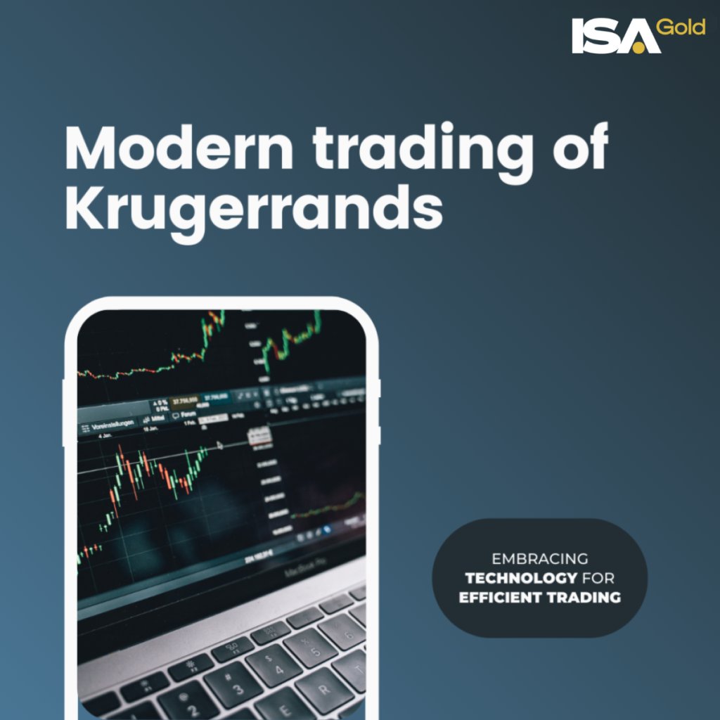 Modern trading of Krugerrands with advanced technology displayed on a smartphone and laptop, emphasizing efficient Krugerrands trading in South Africa.