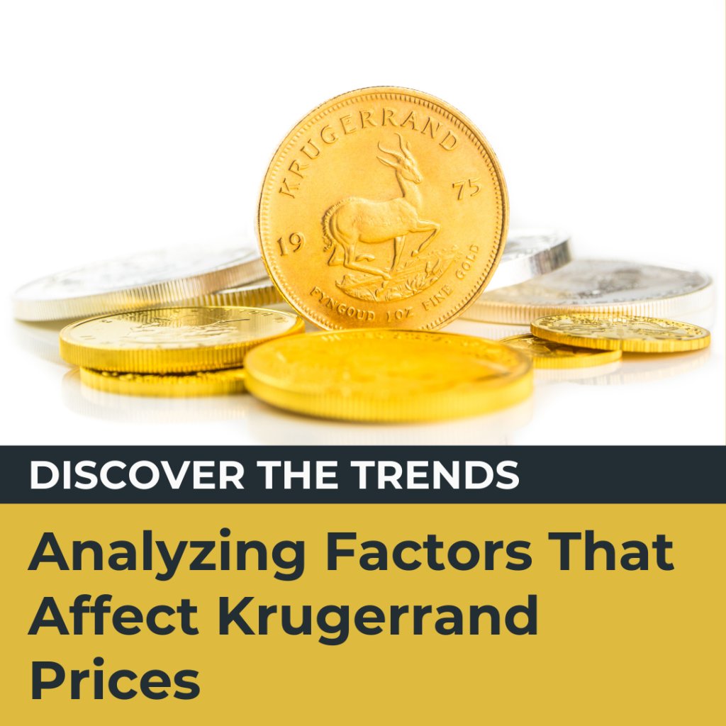 Krugerrand gold coin surrounded by other gold and silver coins, symbolizing investment trends and factors affecting Krugerrand prices.