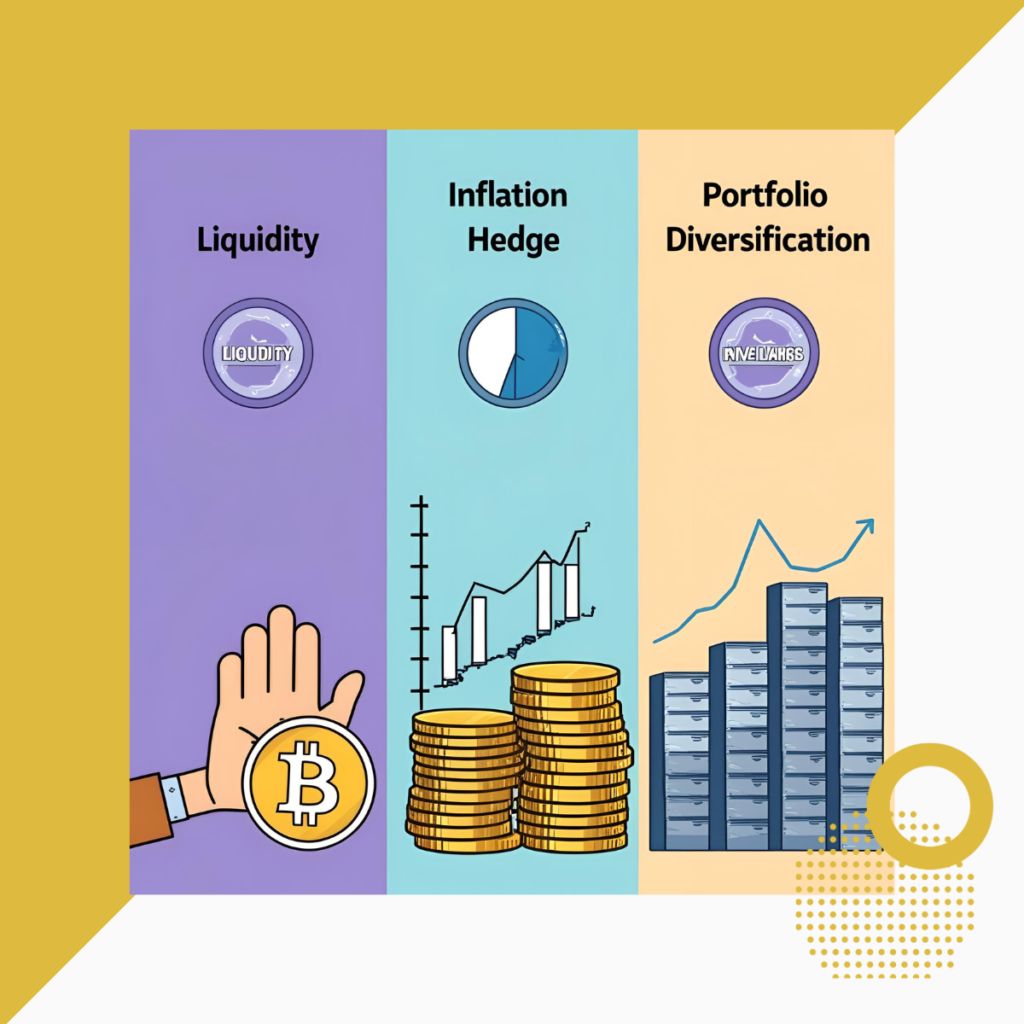 Infographic highlighting reasons for investing in Krugerrands: liquidity, inflation hedge, and portfolio diversification — key factors when evaluating buying vs selling Krugerrands.