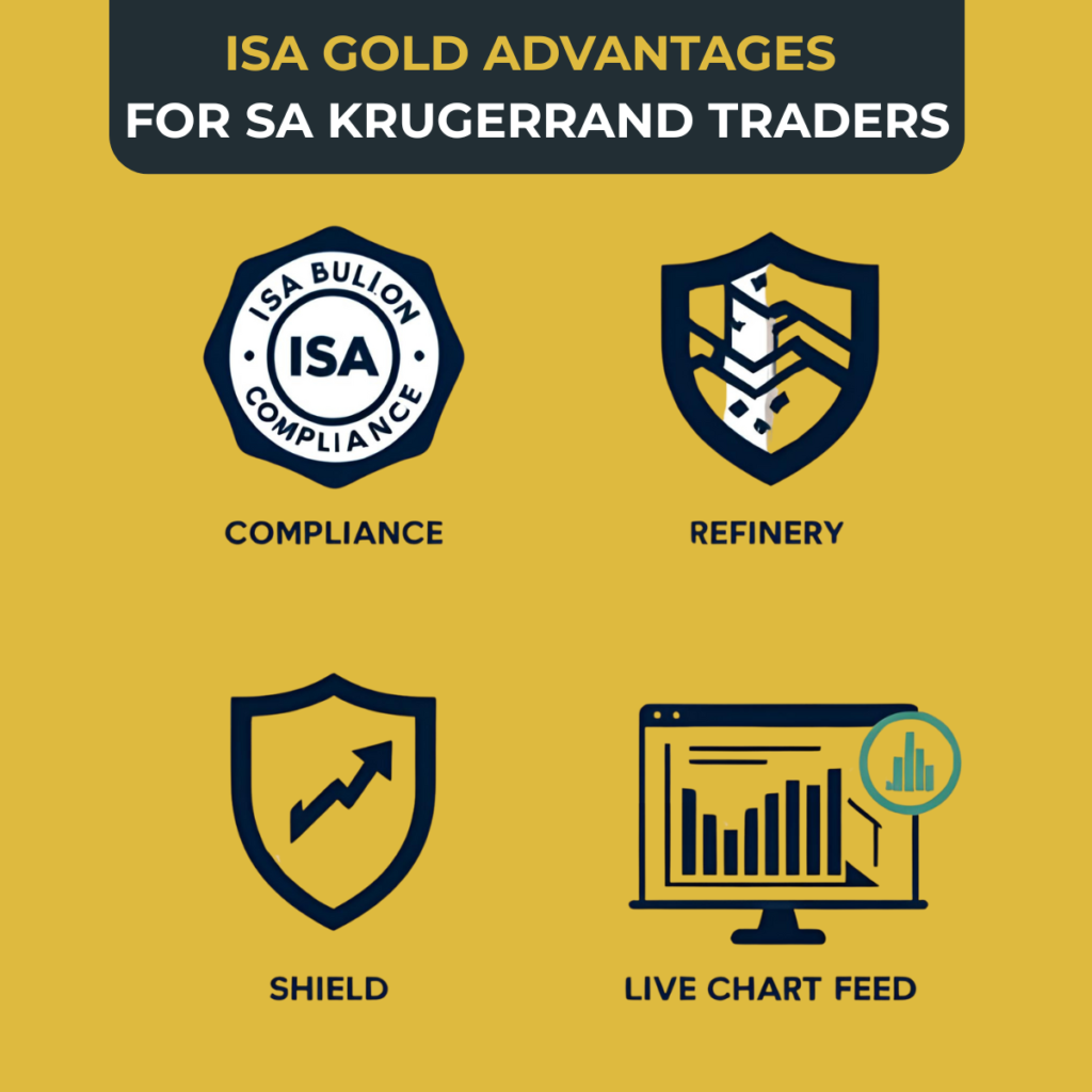 Four icons showing compliance, refinery sourcing, security, and live market data for SA Krugerrand traders