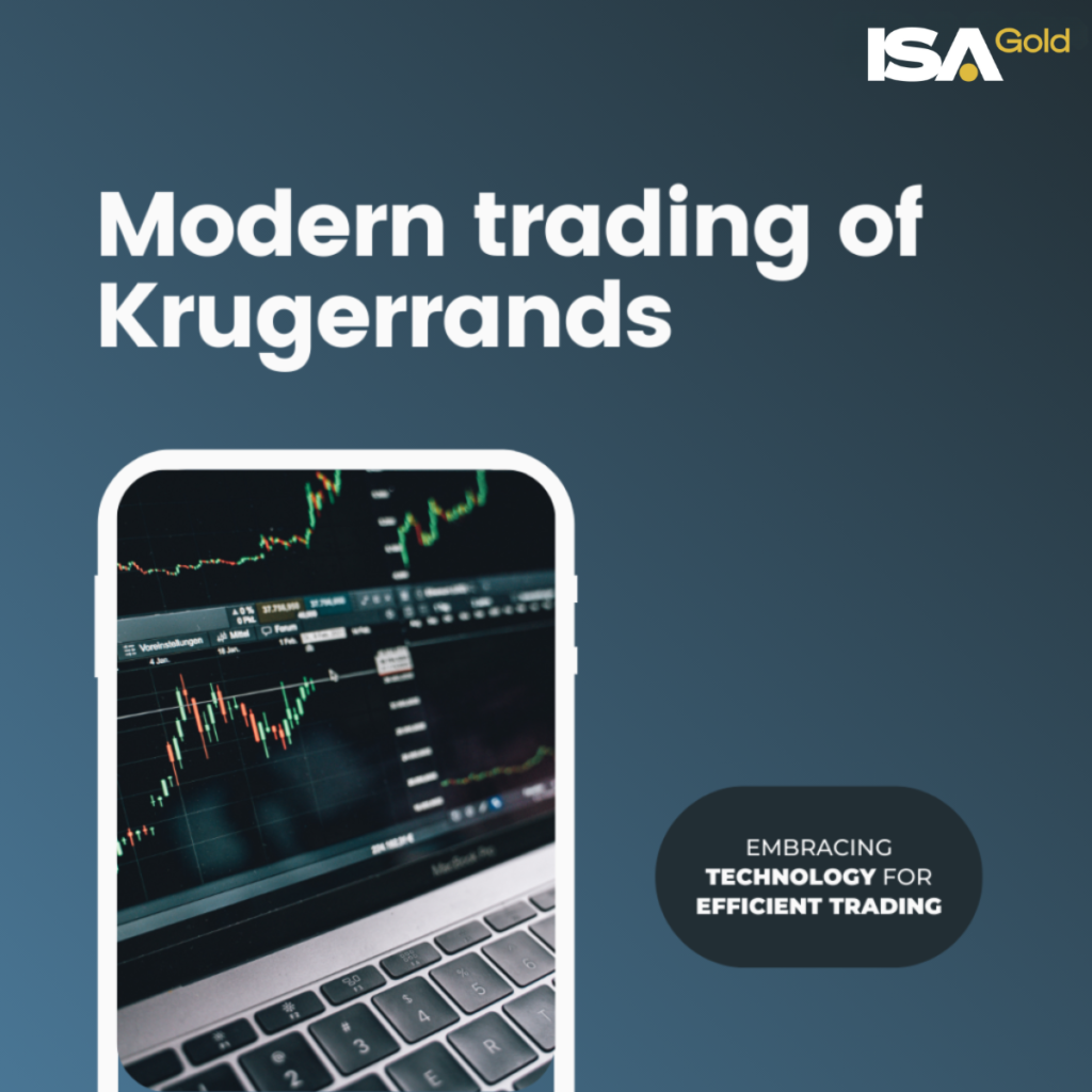 Modern trading of Krugerrands with advanced technology displayed on a smartphone and laptop, emphasizing efficient Krugerrands trading in South Africa.