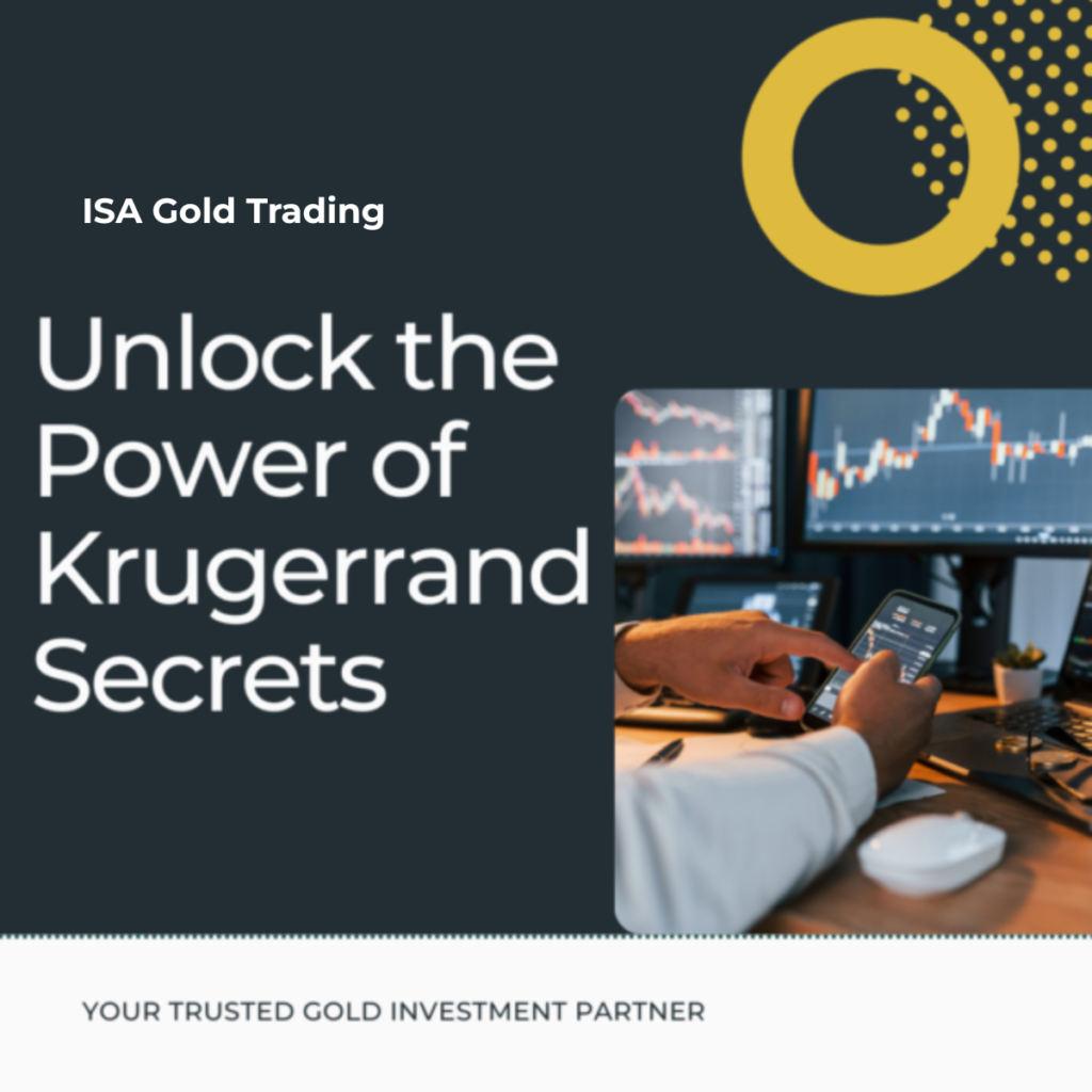 Investor analyzing gold charts on a phone and computer with the text 'Unlock the Power of Krugerrand Secrets' – emphasizing Krugerrand Trading Secrets with ISA Gold.