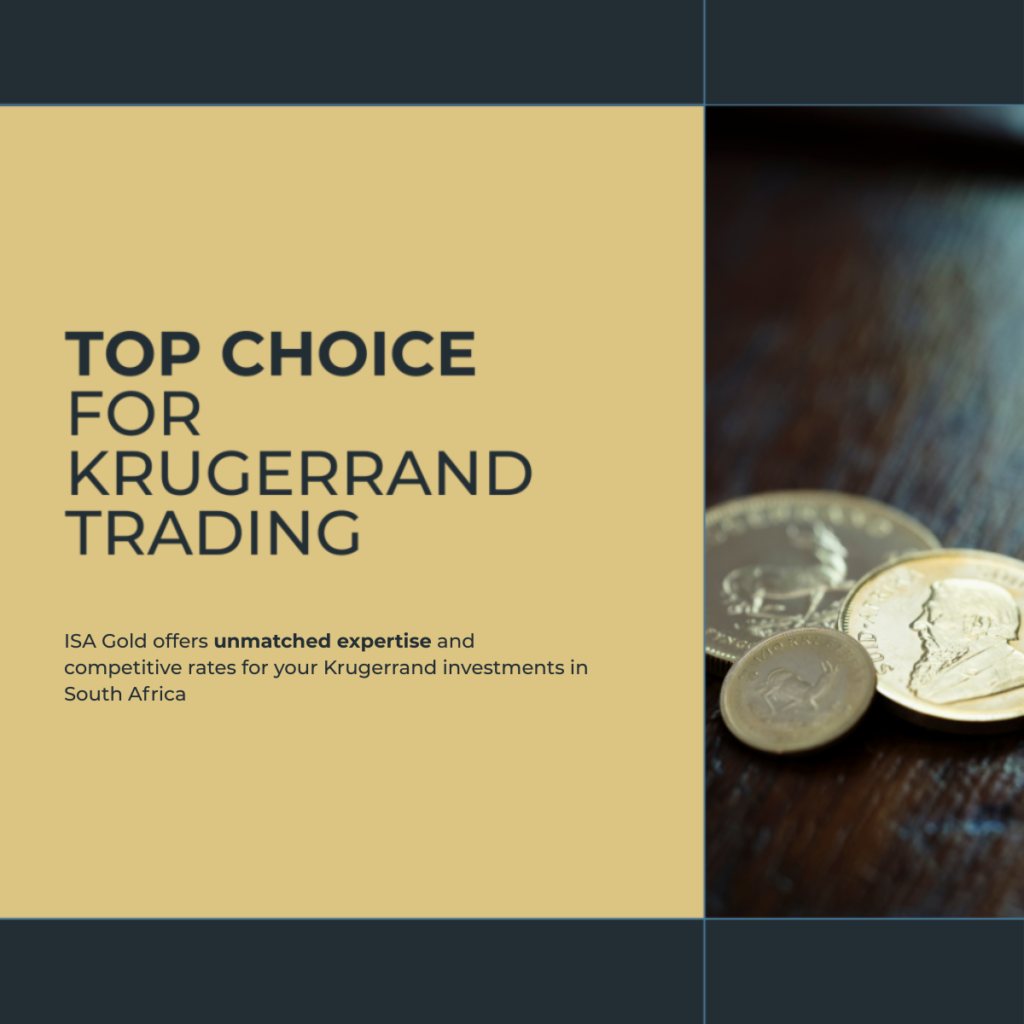 Gold Krugerrand coins on a wooden surface with the text 'Top Choice for Krugerrand Trading' – highlighting Krugerrand Trading Secrets with ISA Gold.