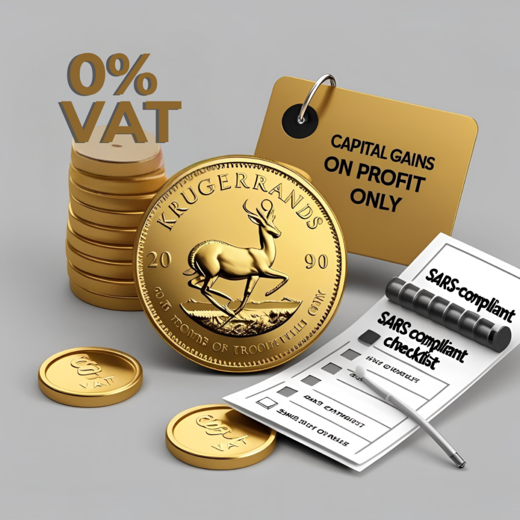 Visual explaining the Krugerrand tax benefits in 2025, including no VAT and capital gains tax on profit only