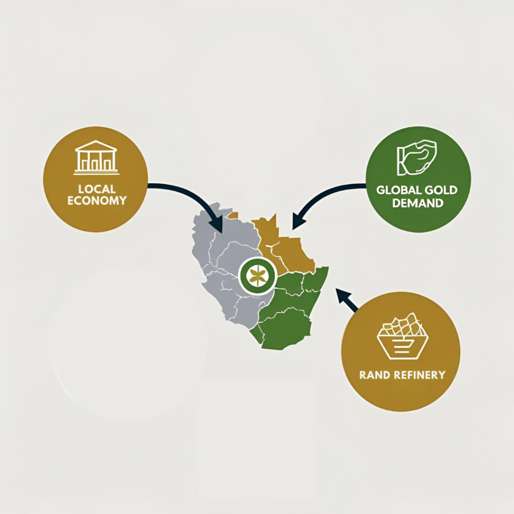 Graphic showing local and global influences on Krugerrand trading trends and ISA Gold’s role as a trusted dealer”