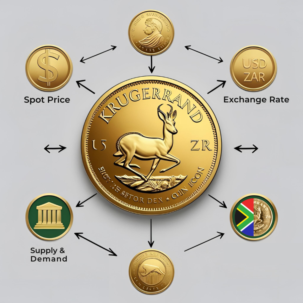 Infographic showing factors influencing Krugerrand pricing: gold spot price, currency rate, and supply-demand trends