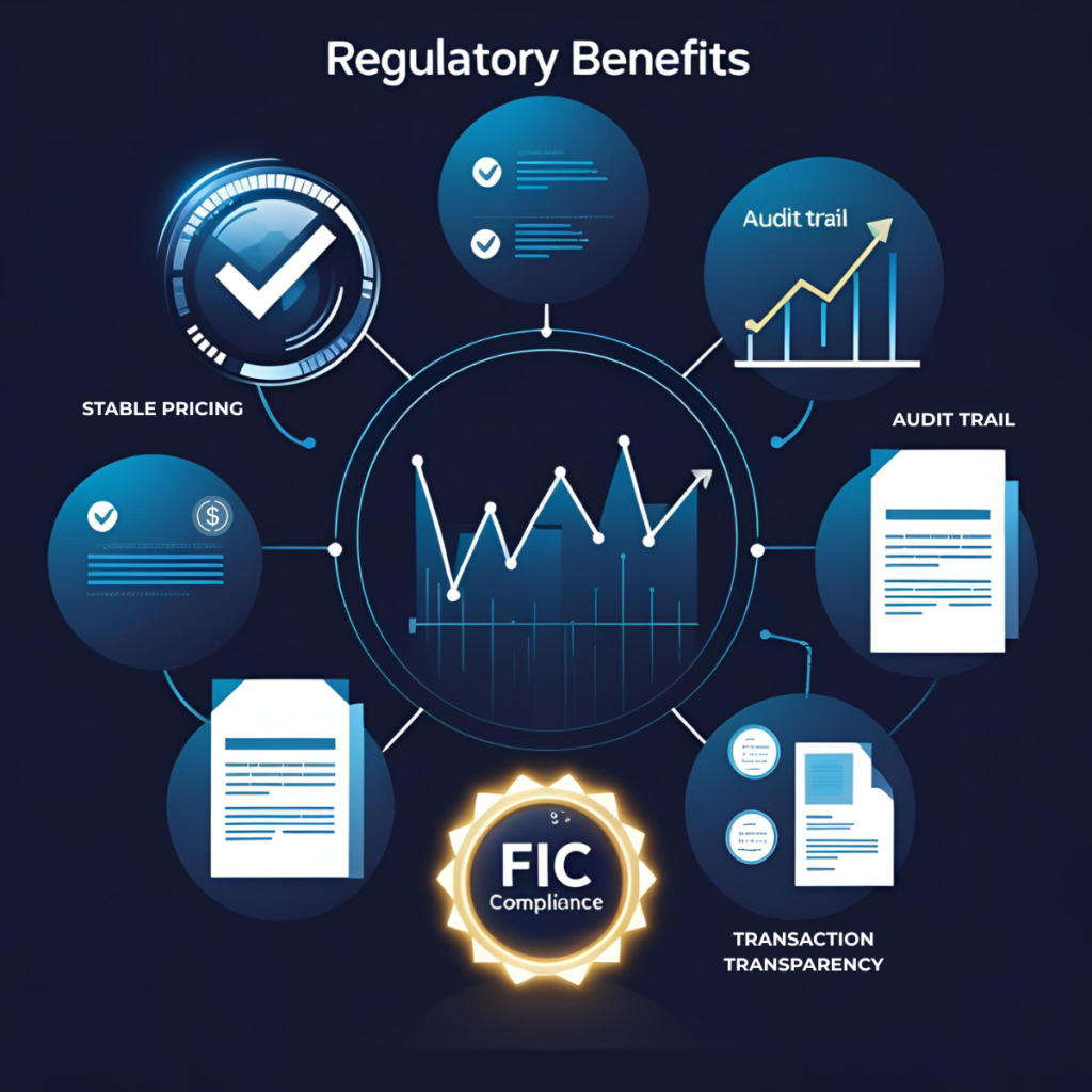 Visual showing bullet-point regulatory benefits affecting Krugerrand coins pricing, including transparency and FIC compliance