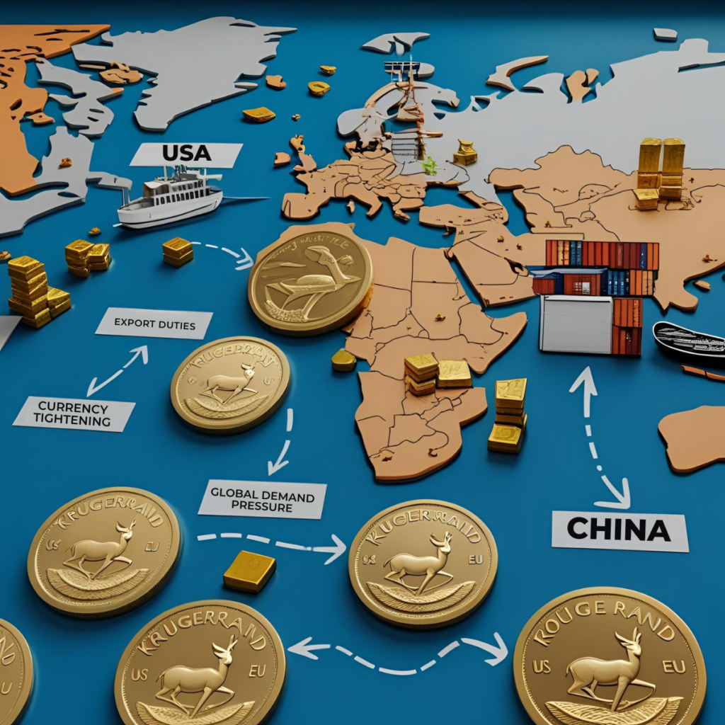 Illustration showing how global import/export rules and monetary policies influence Krugerrand coins pricing in South Africa