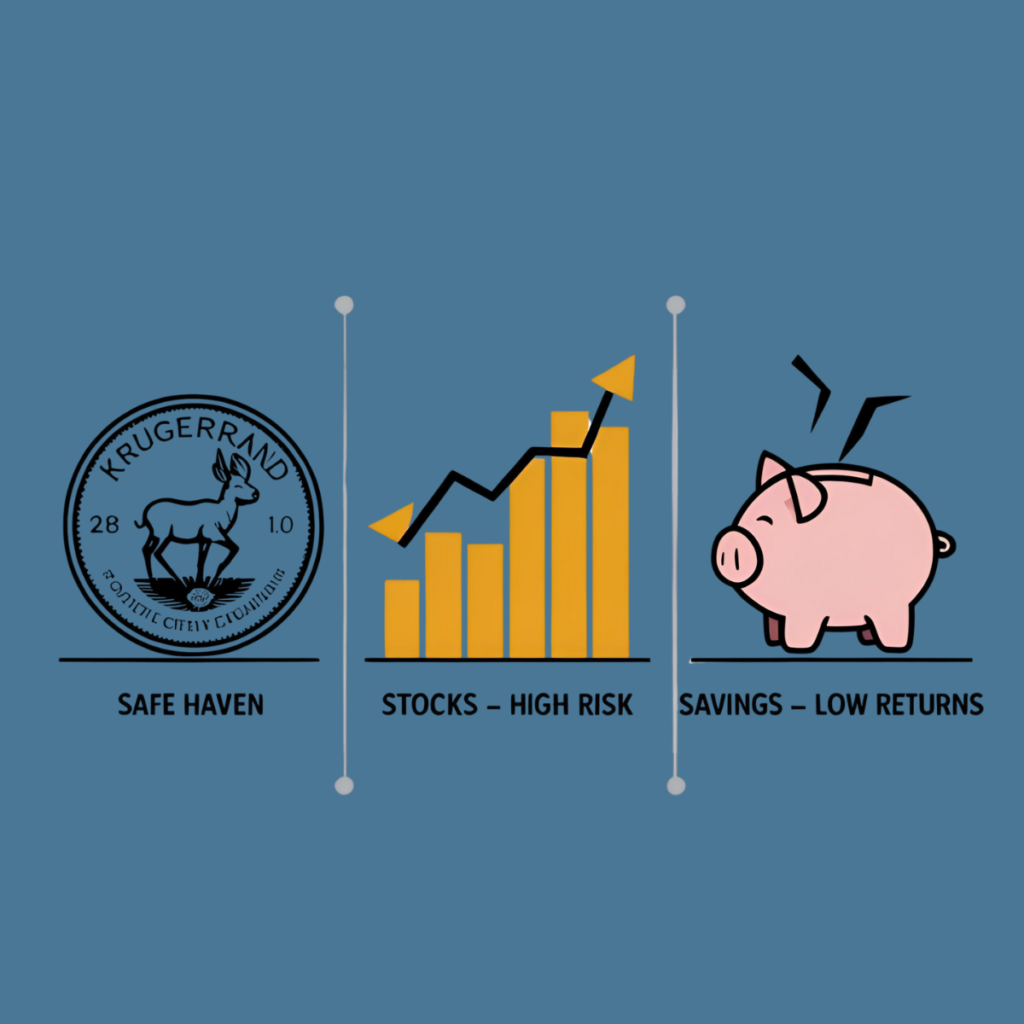 Krugerrand as a safe haven, compared to risky stocks and weak savings, based on Krugerrand Trading Insight