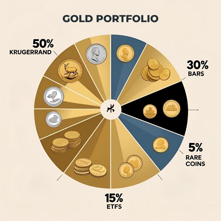 Visual breakdown of a diversified gold portfolio featuring Krugerrand gold coins