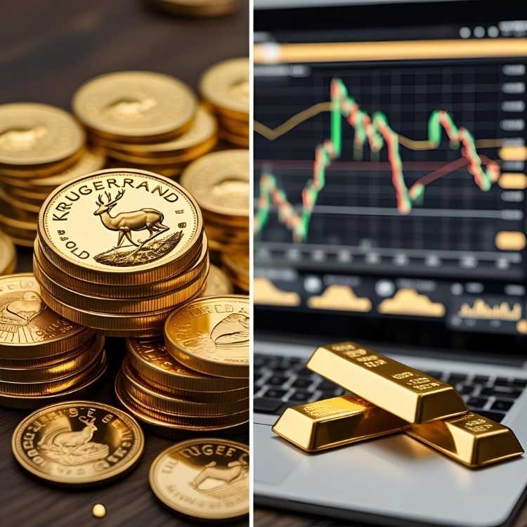 Various gold assets, including Krugerrand gold coins, and digital gold diversification