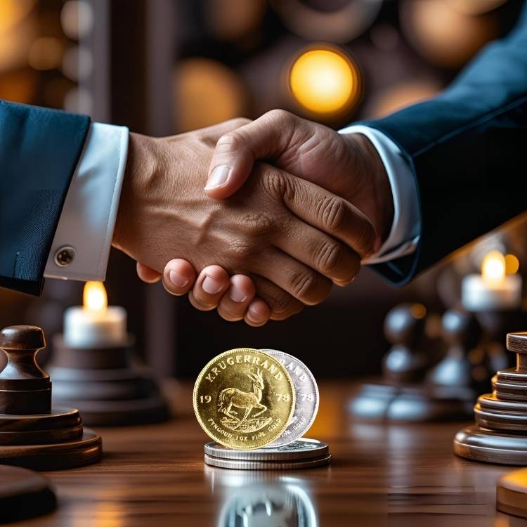 Trusted SA Krugerrand traders finalising a secure gold transaction with Krugerrand coins on the table