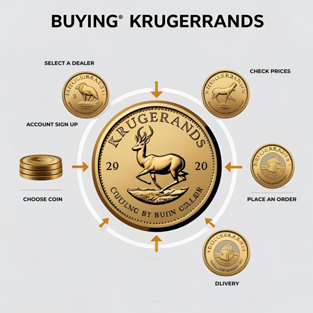 Infographic showing how to buy Krugerrands online step by step from dealer selection to delivery