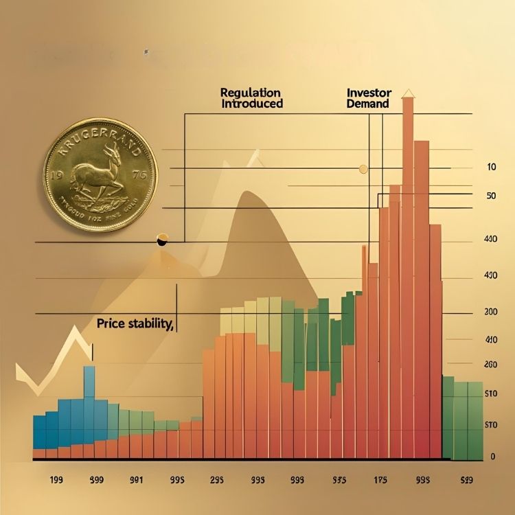 Gold Krugerrand coin next to a market chart, visually explaining how regulations and investor demand influence the Krugerrand gold coin price in South Africa