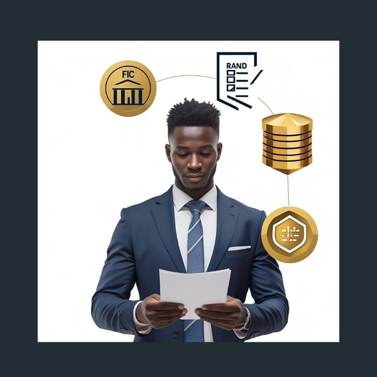 Businessman reviewing compliance documents, illustrating the impact of new 2025 regulations on the Krugerrand gold coin price in South Africa with FIC, Rand, and gold investment icons