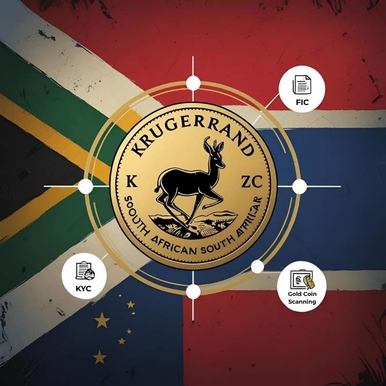 Gold Krugerrand coin overlay on the South African flag, highlighting KYC and FIC compliance measures that impact the Krugerrand gold coin price in the current regulatory climate