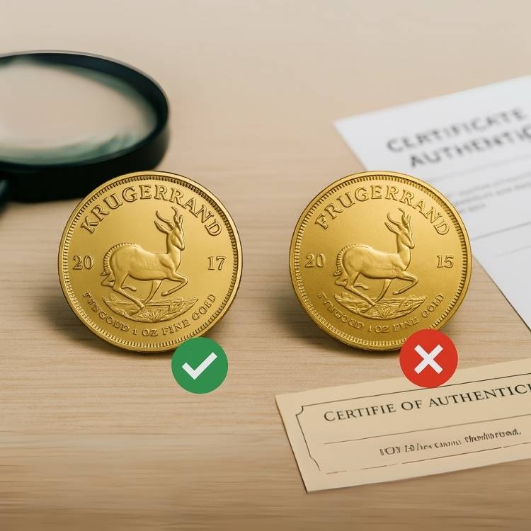 Real vs. fake Gold Krugerrand coin comparison highlighting Rand Refinery hallmark, weight differences, and visual red flags