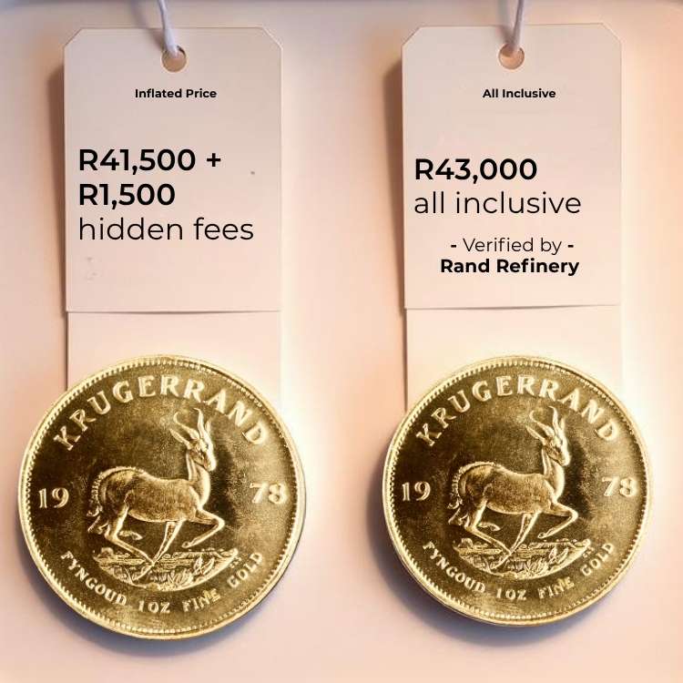 Side-by-side 1 oz Krugerrand prices showing the impact of hidden vs all-inclusive fees
