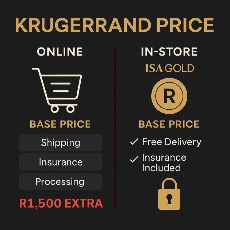 Infographic showing the real cost difference between online and in-store Krugerrand prices, highlighting ISA Gold’s transparent pricing.