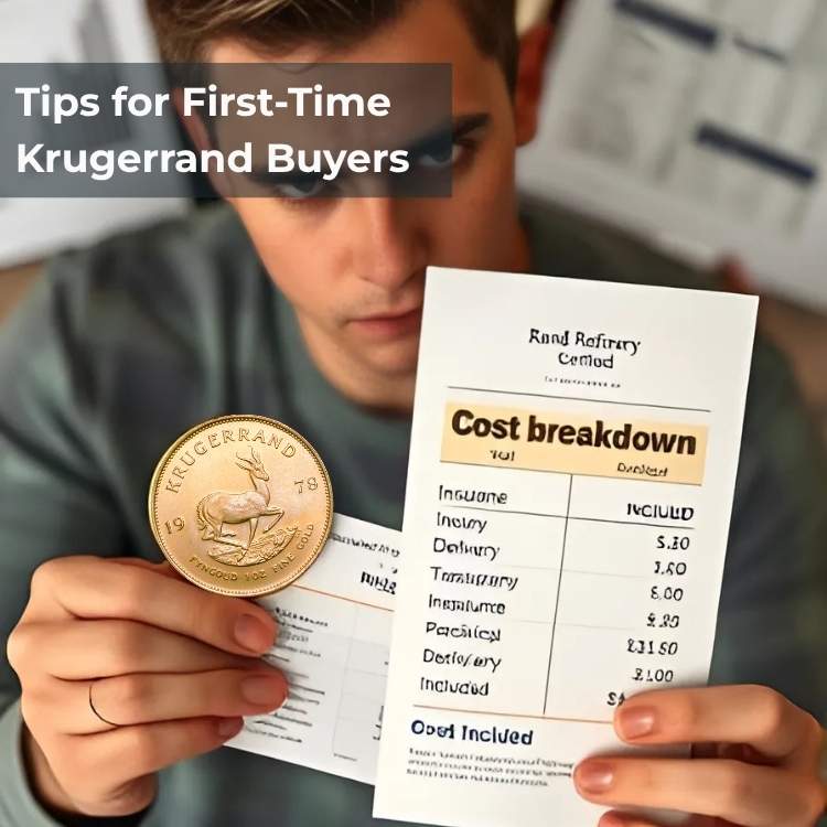 New gold investor holding a 1 oz Krugerrand and reviewing a full price breakdown before purchasing