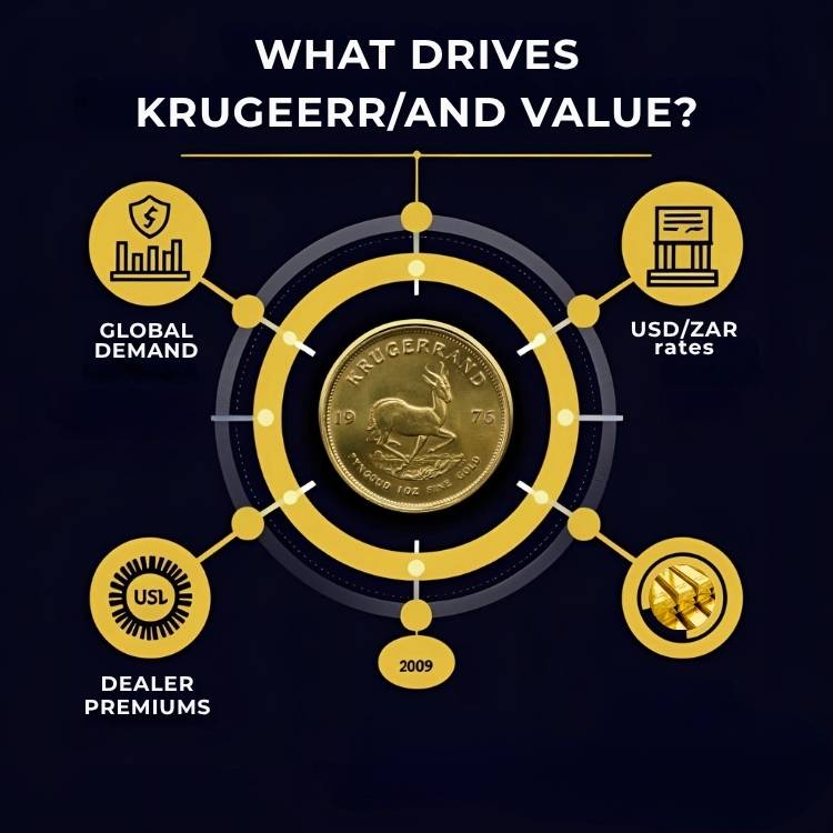 Factors like demand and exchange rates influence the Krugerrand value today