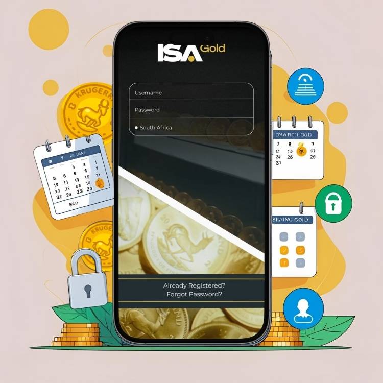 ISA Gold mobile app login screen for South African investors, surrounded by Krugerrand coins, security icons, and a trading calendar, highlighting secure and convenient mobile gold trading.