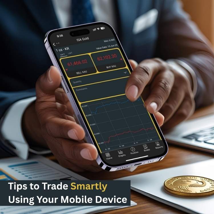 South African investor using a secure gold trading app with security icons, a Krugerrand, and a smart trading tips checklist.