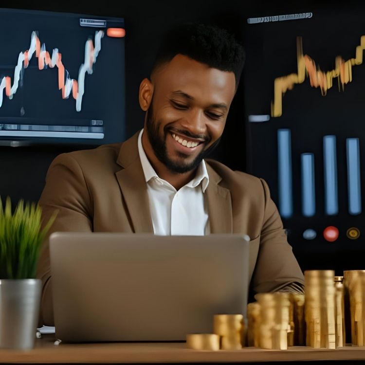 South African investor empowered by mobile gold trading, reviewing market charts and Krugerrands with signs of financial growth.