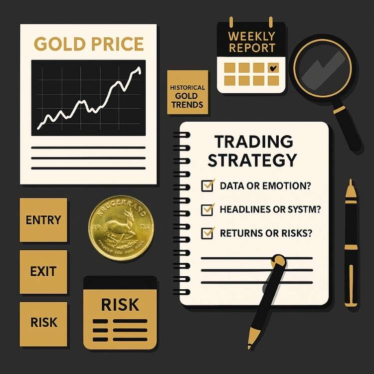 Flat-lay digital illustration of a gold trader's workspace, featuring price charts, strategy checklist, and Krugerrand coin for planning trades.
