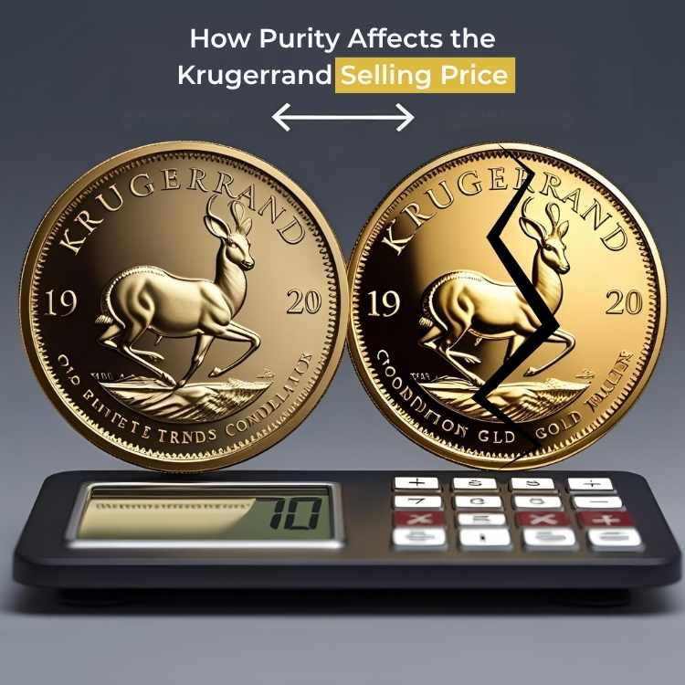 Comparison of pure and damaged Krugerrand coins, visualising the impact on Krugerrand selling price.