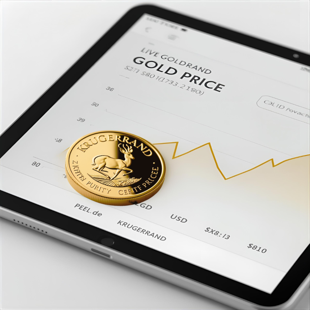Gold Krugerrand coin beside a live gold price chart and currency symbols representing real-time market value tracking.
