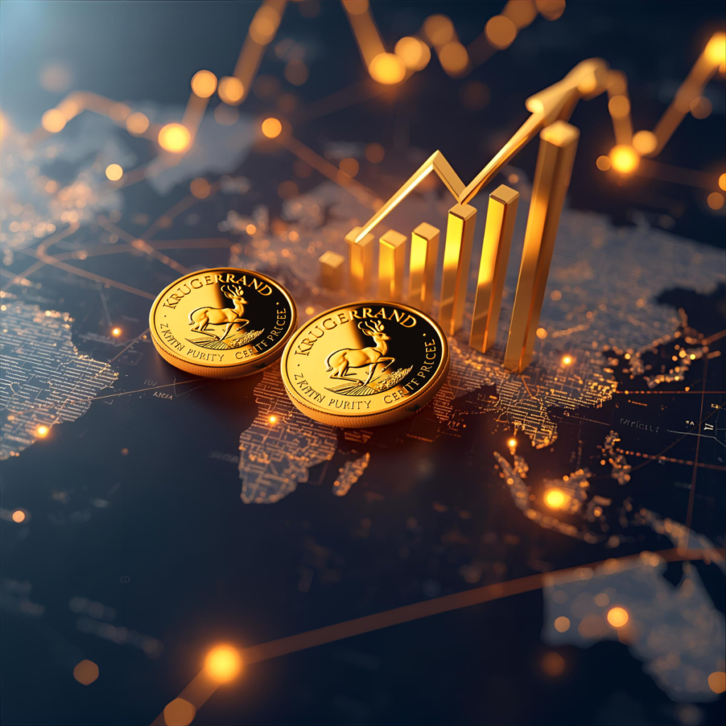 Krugerrand coins on world map with trade lines and charts showing influence of global gold trends on coin value.