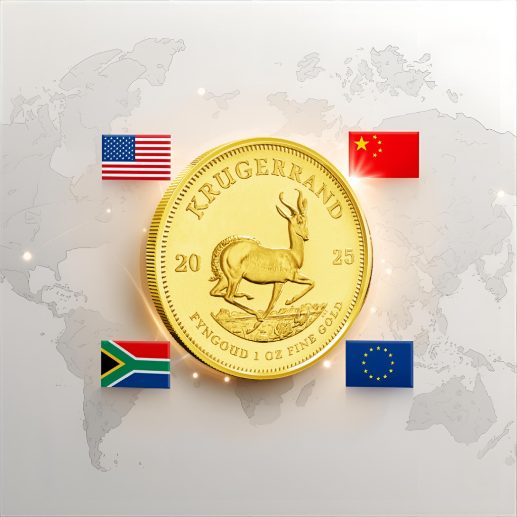 Krugerrand surrounded by international flags and glowing lines showing strong global investor demand and market influence.