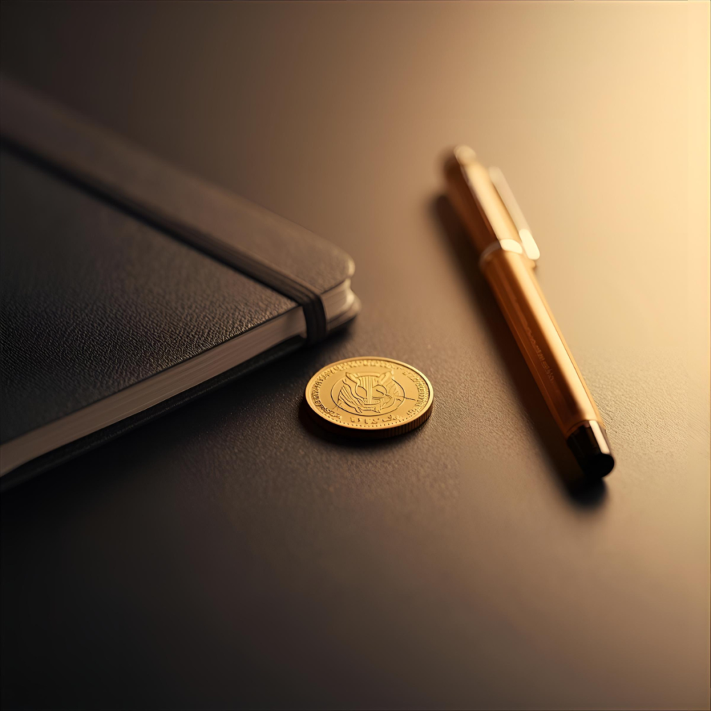Close-up of a gold coin on a desk with notebook and pen, representing important considerations before buying gold.