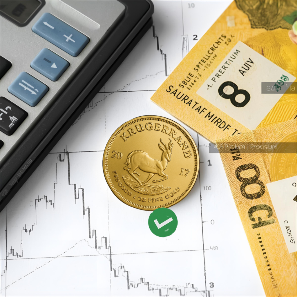 Krugerrand coin beside a calculator, price chart, and Rand notes illustrating the components of Krugerrand — spot gold, premium, and currency conversion.