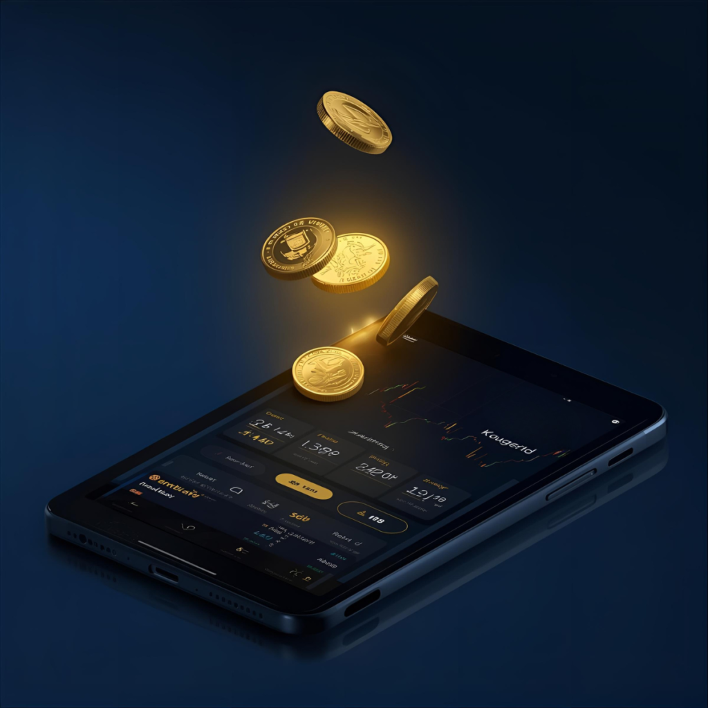 ISA Gold trading dashboard on tablet displaying live Krugerrand prices and secure digital storage for investors.