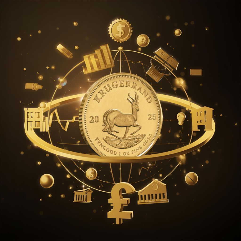 Conceptual graphic of global macro events — inflation, rate changes, and trade wars — influencing Krugerrand value.