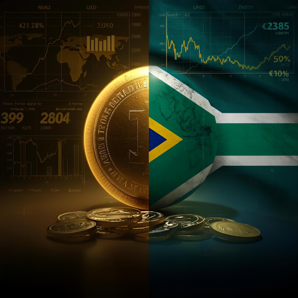 Split image comparing global gold demand and South African rand volatility affecting Krugerrand value.