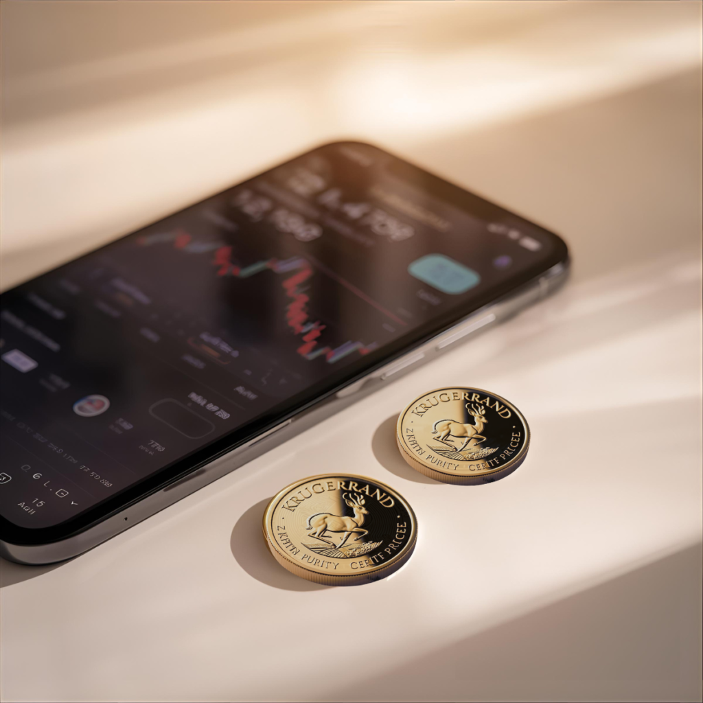 Krugerrand coins on a desk next to a smartphone with a gold trading app, illustrating practical buying and trading strategy.