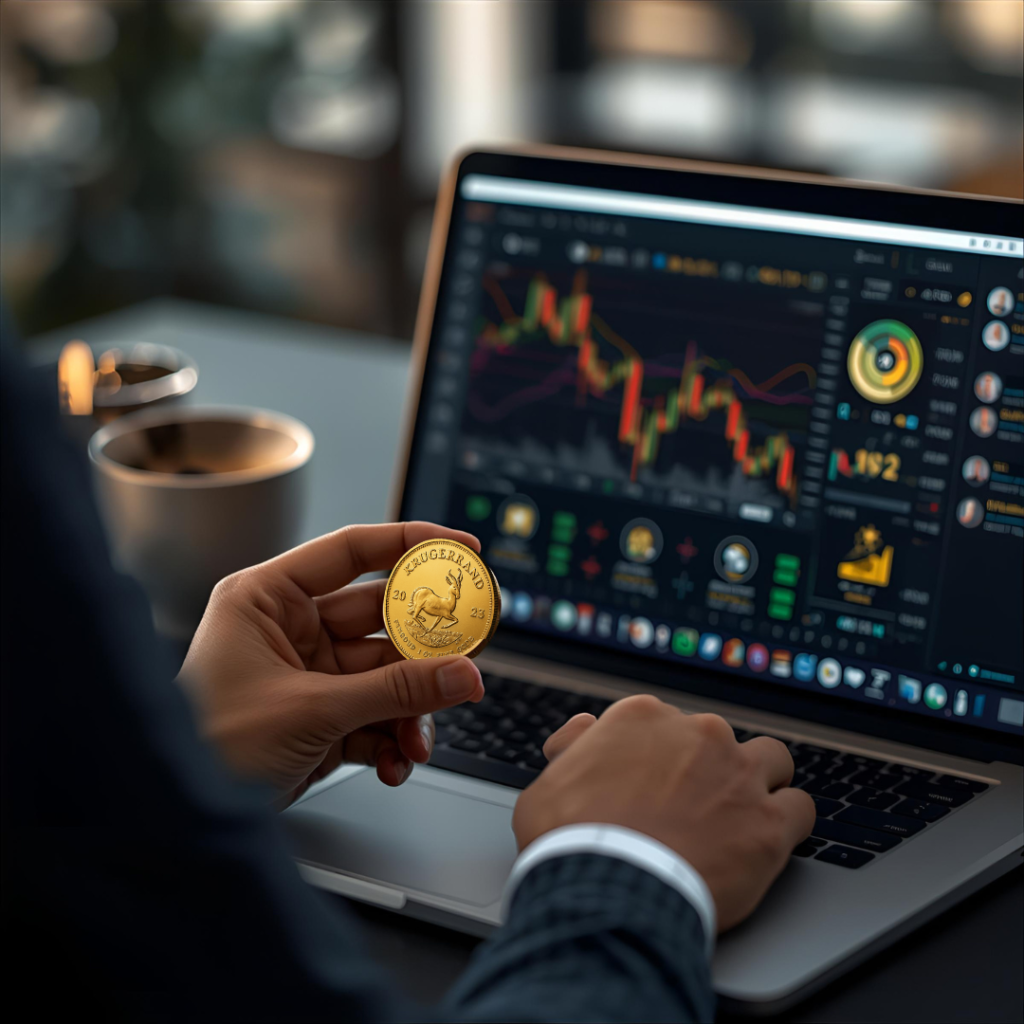 Investor balancing physical Krugerrands and digital trading tools, symbolizing the blend of traditional gold and modern fintech.
