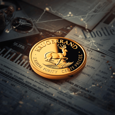 Golden Krugerrand coin surrounded by elements representing historical global events affecting gold prices for strategic trading