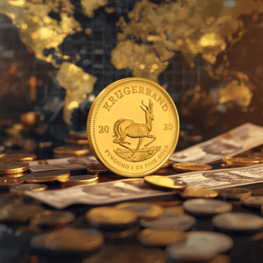 Gold Krugerrand coin with global currency and market elements illustrating macroeconomic and geopolitical impacts on trading