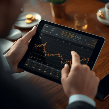 Investor monitoring live Krugerrand prices on a tablet, illustrating market tracking for trading