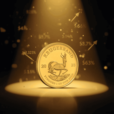 Gold Krugerrand coin with floating price indicators, illustrating how premiums and market factors affect trading